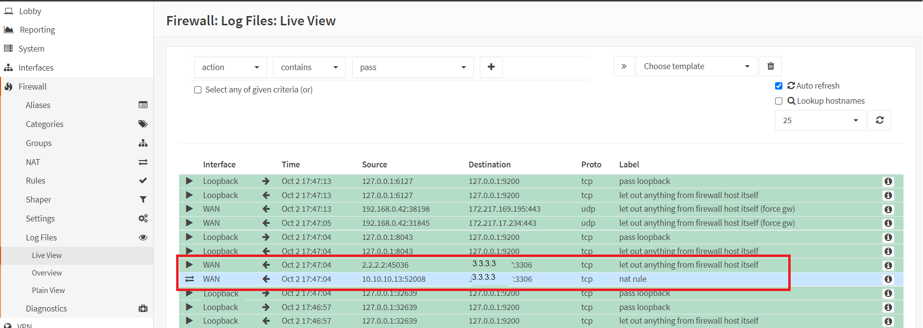 Firewall Live Log View in OPNsense