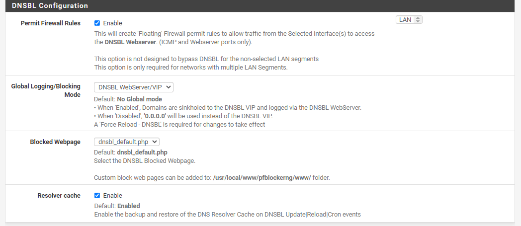 DNSBL configuration on pfBlockerNG