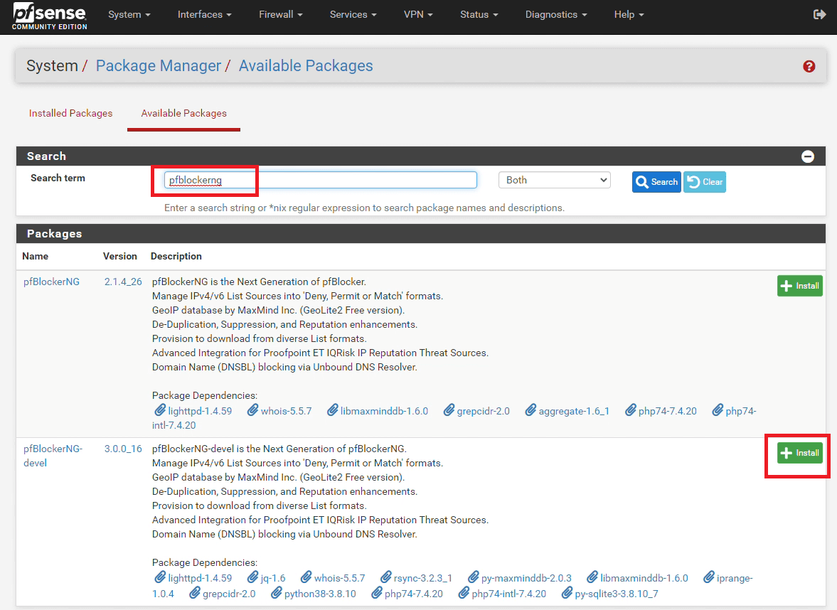 Search and install pfBlockerNG-devel package
