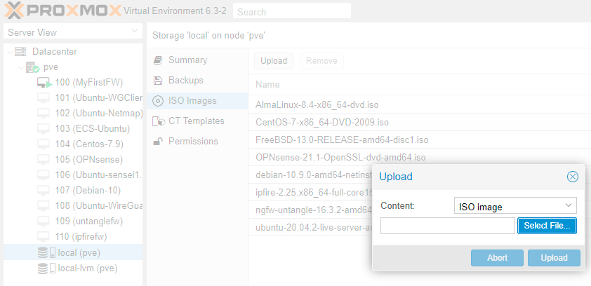 Selecting ClearOS ISO image from local disk to upload Proxmox