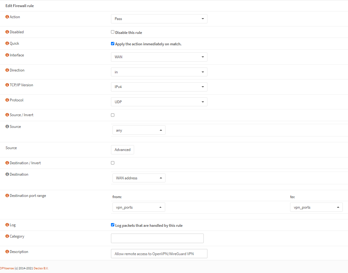 Defining firewall rule for VPN access