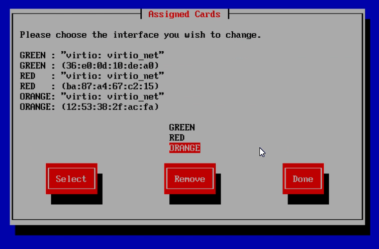 List of assigned cards after completing the card assignment on IPFire