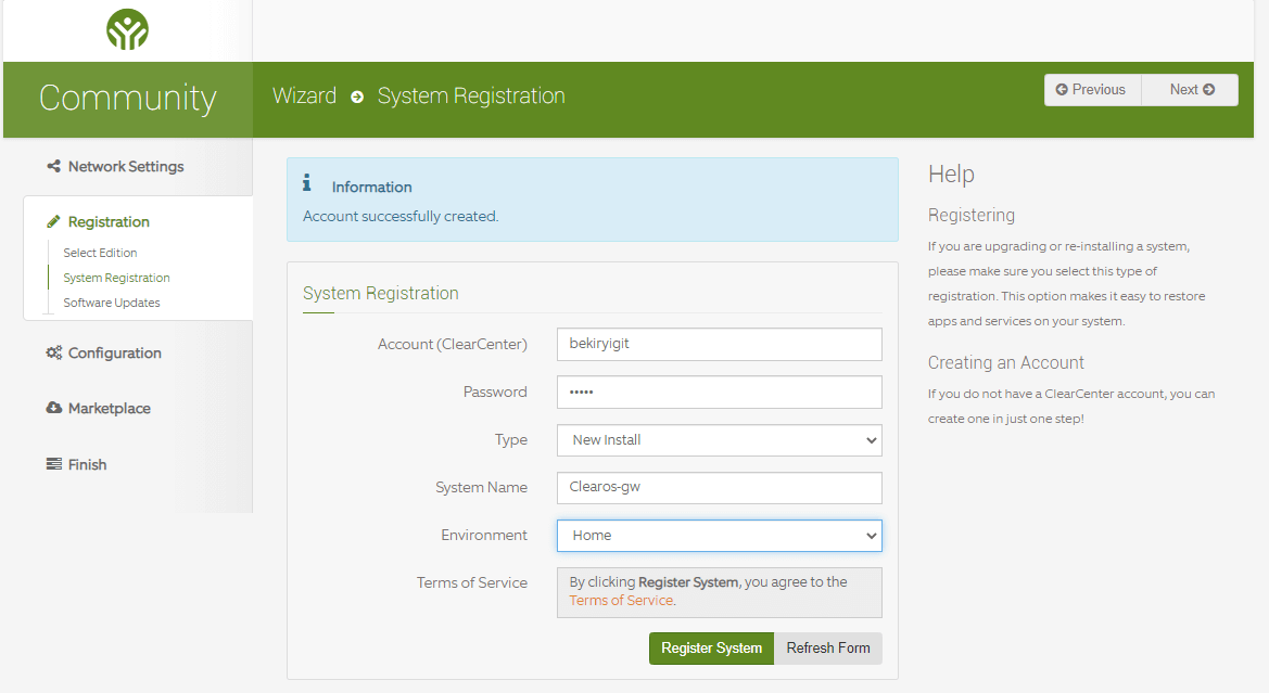 Registering ClearOS system