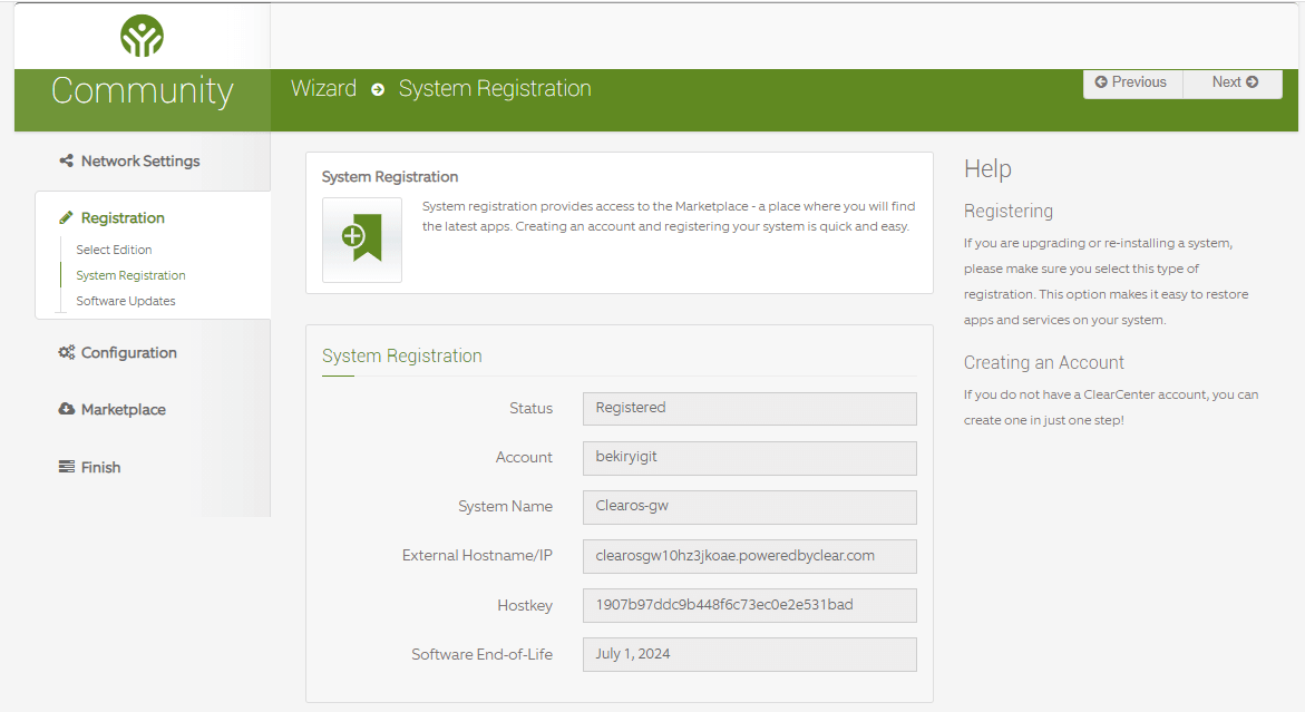 ClearOS System registration information