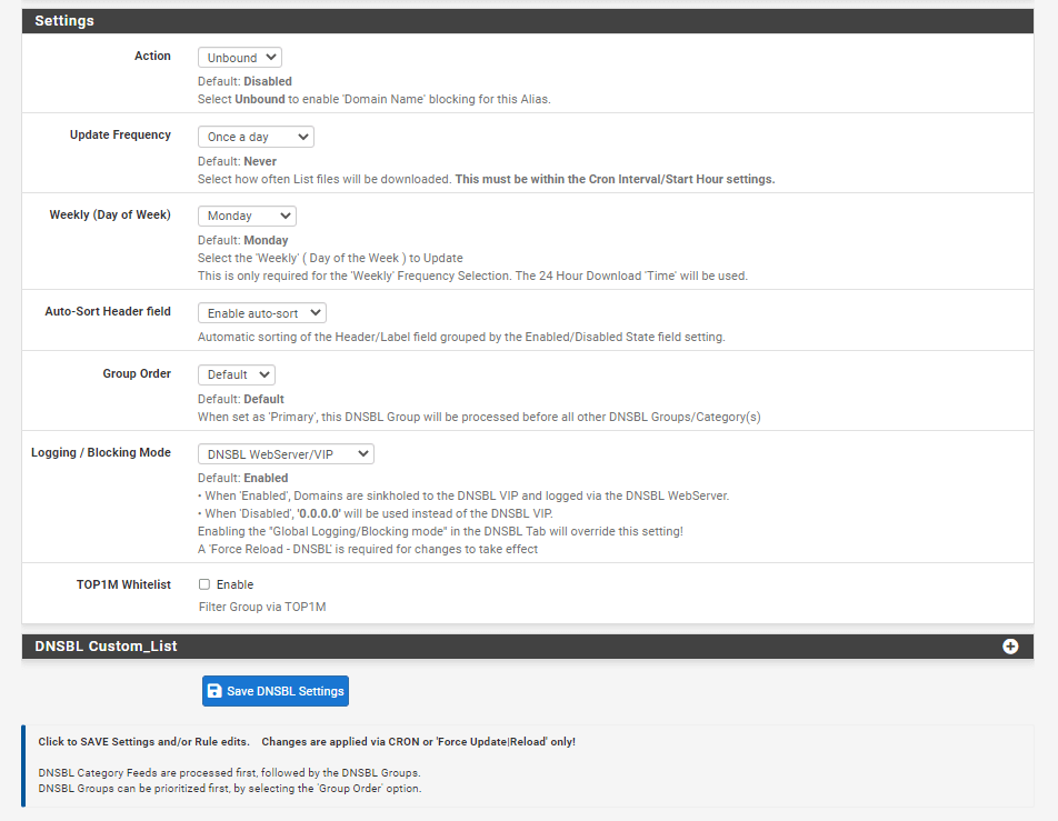 DNSBL category settings to add EasyList feeds on pfBlockerNG