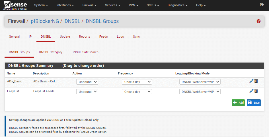  DNSBL Groups summary on pfBlockerNG
