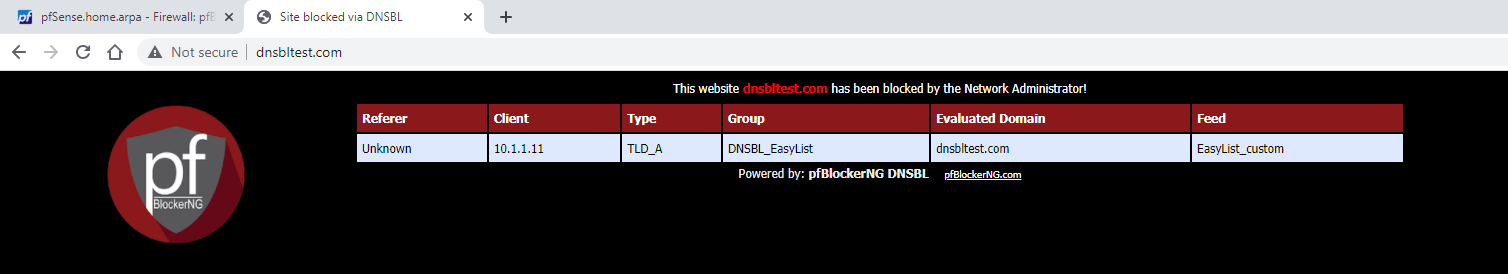 DNSBL blocking landing page of pfBlockerNG