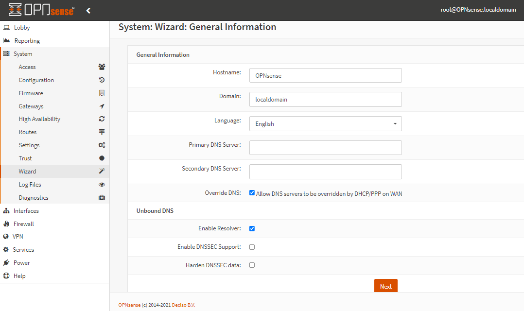 Initial configuration of OPNsense