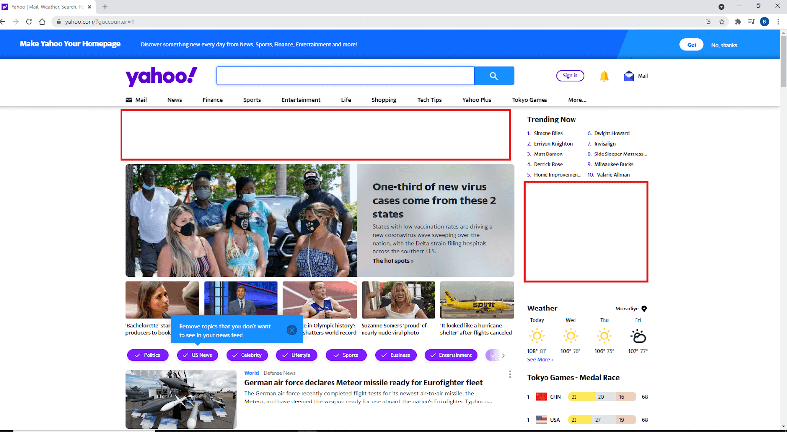 yahoo.com page with ad-blocking (ads in the red rectangles are blocked)