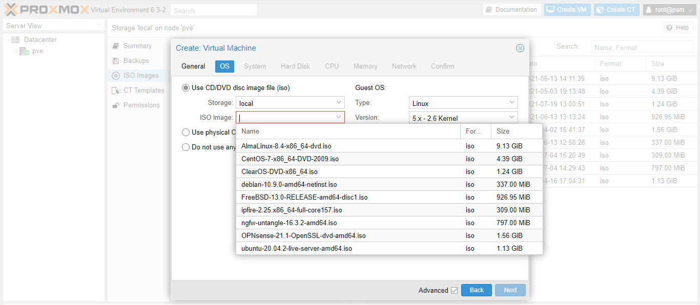 Selecting ClearOS ISO to install on Proxmox VE as an OS