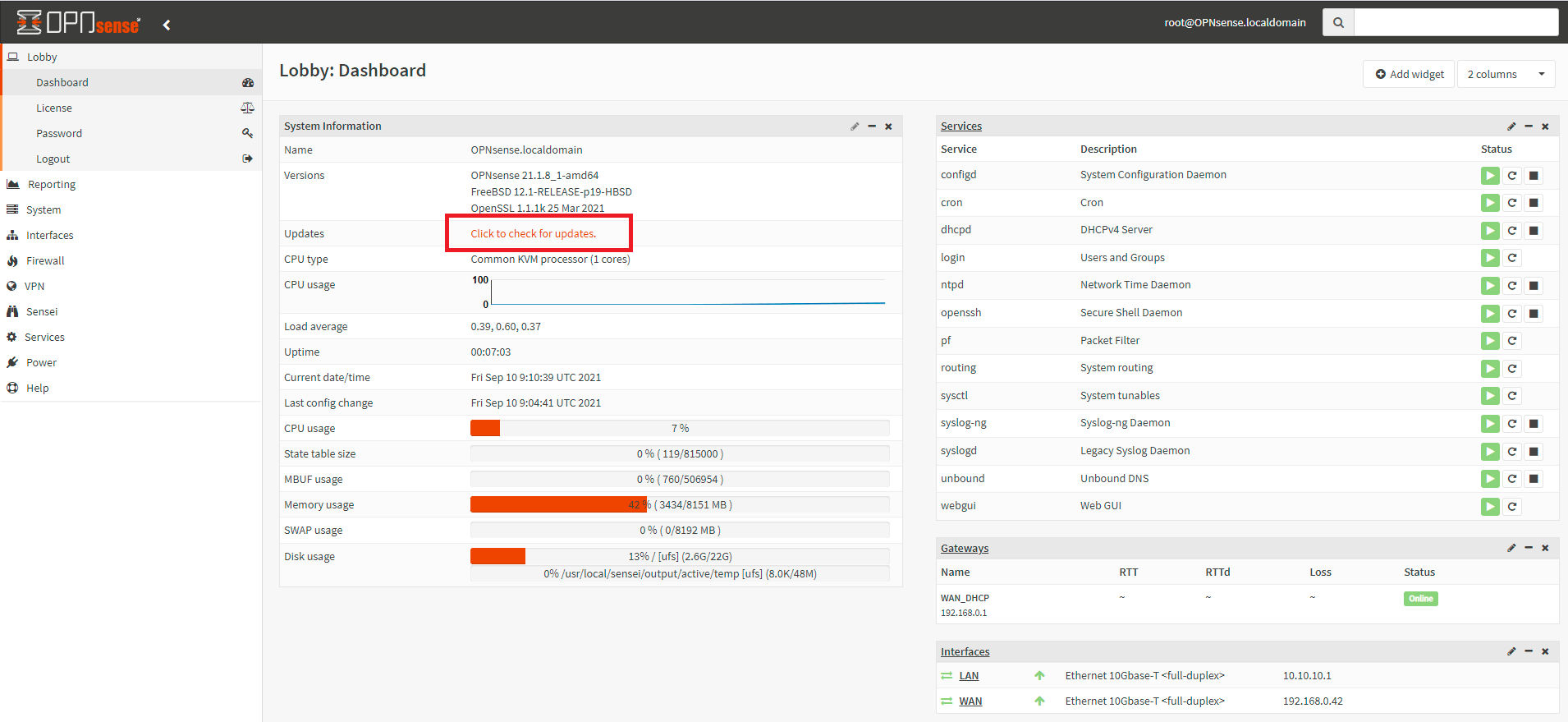 Checking for updates on OPNsense Dashboard