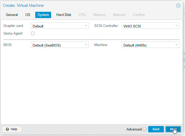 System settings of the ClearOS VM on Proxmox