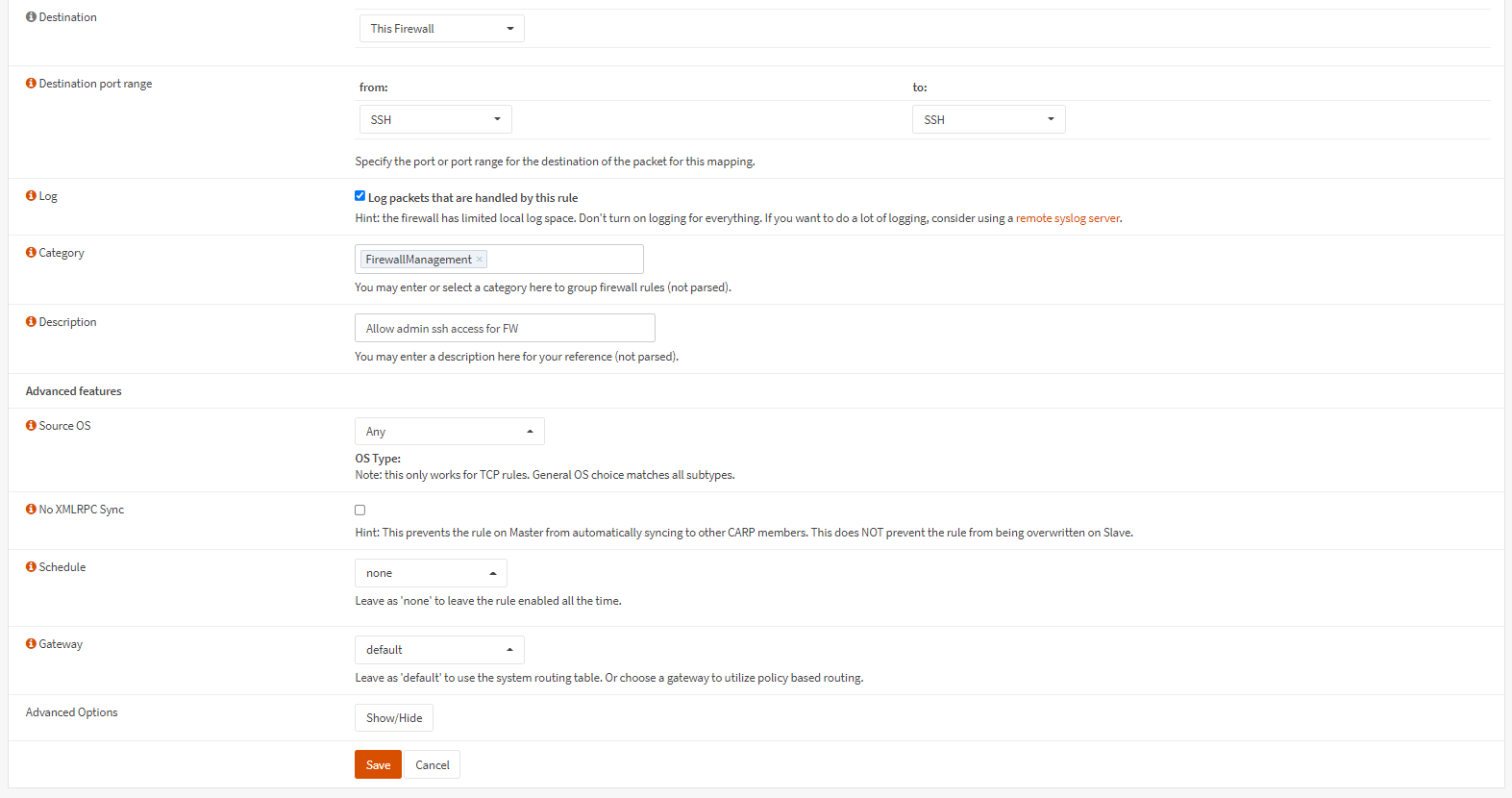 Creating firewall rule on OPNsense-2 (Allows admin IP establish ssh connection to the firewall)