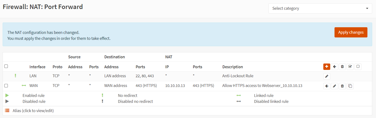 Port forwarding rules list in OPNsense