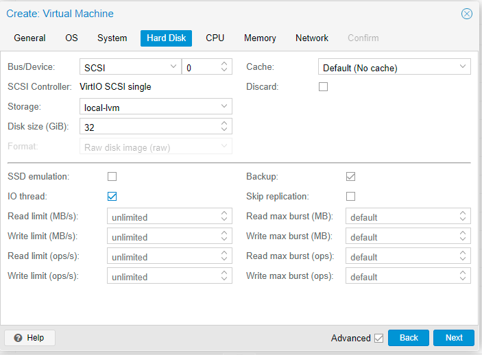 Setting Hard disk size as 32 GB for ClearOS on Proxmox VE