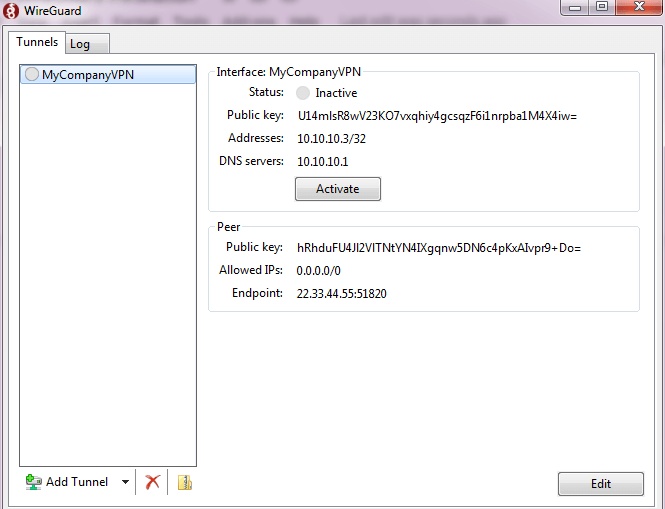 Activating WireGuard tunnel on Windows client