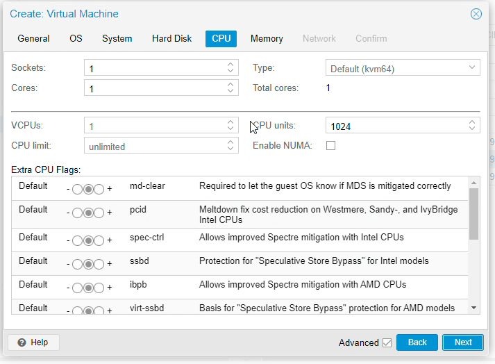 CPU settings for IPFire firewall on Proxmox