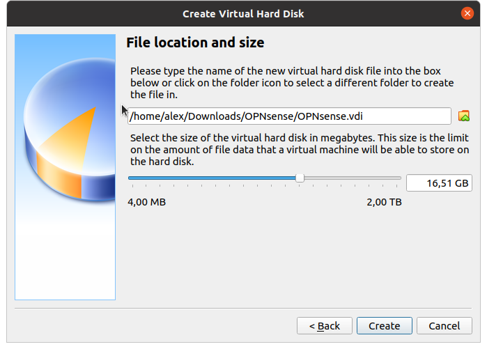 File Location and Size Settings on Virtual Box