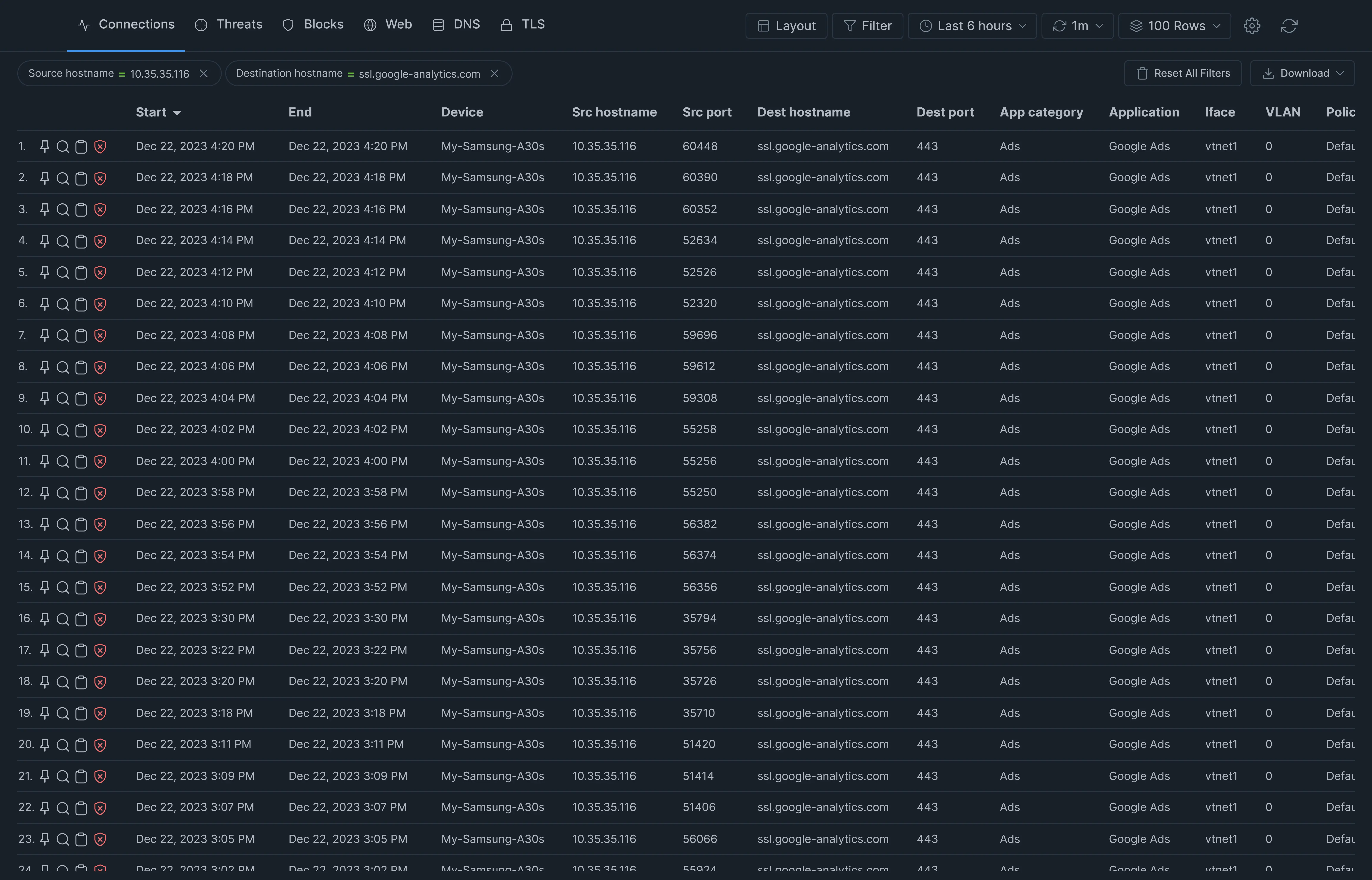 Filtering on a Live Session Report