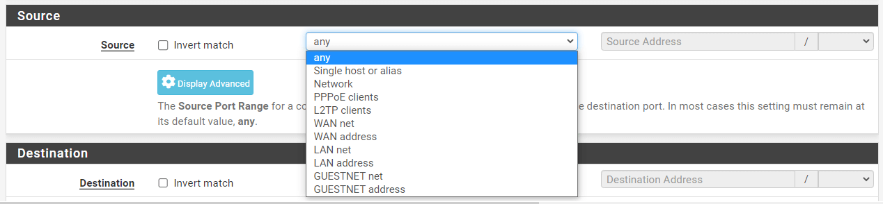 Firewall Rule Source Options on pfsense