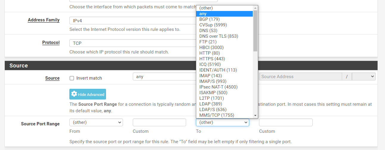 Firewall Rule Source Port Range Options on pfsense
