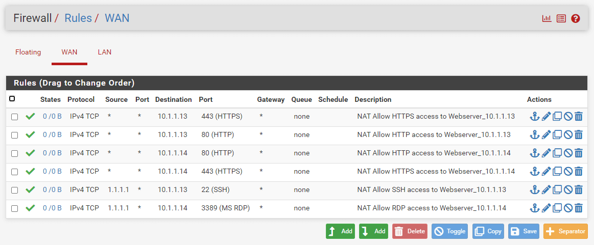 WAN firewall rules for SSH and RDP access port forwarding on pfSense