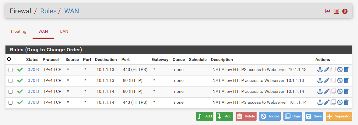 WAN firewall rules for web server port forwarding on pfSense