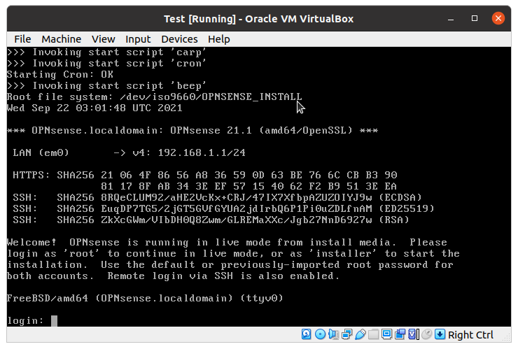 First login for OPNsense Installer