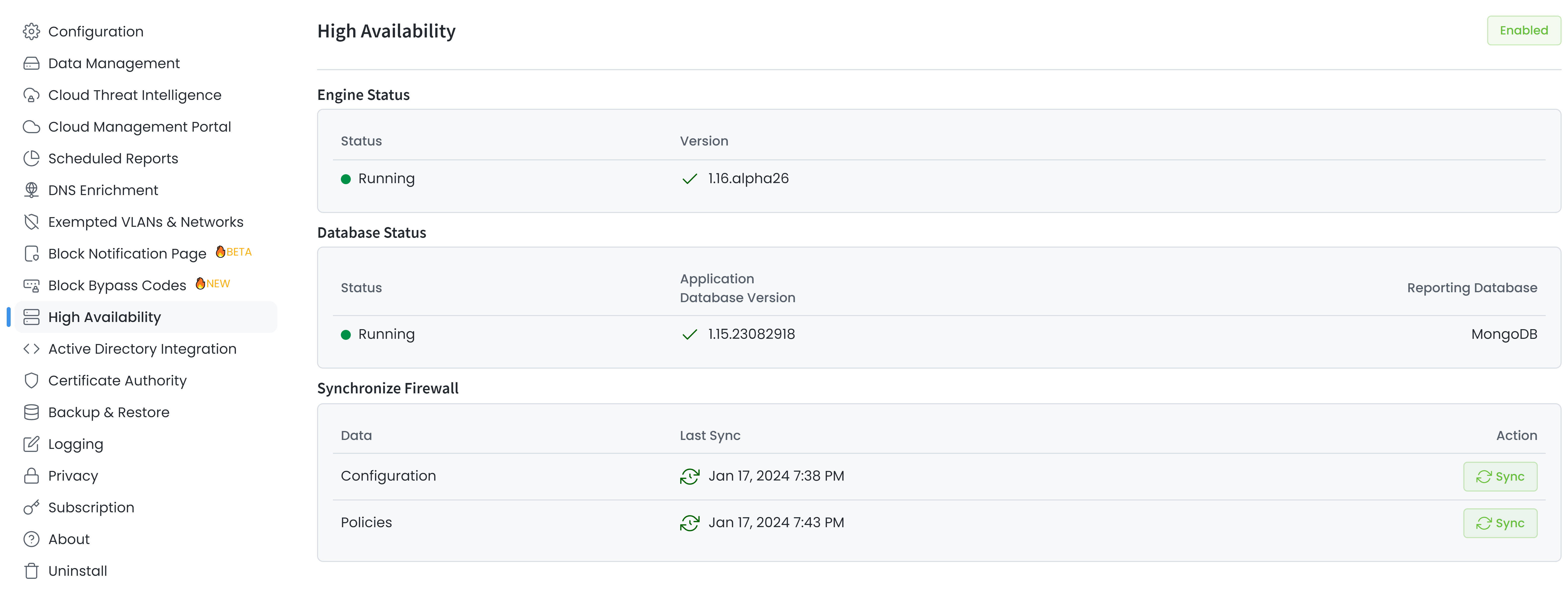 Zenarmor HA page on a cluster firewall