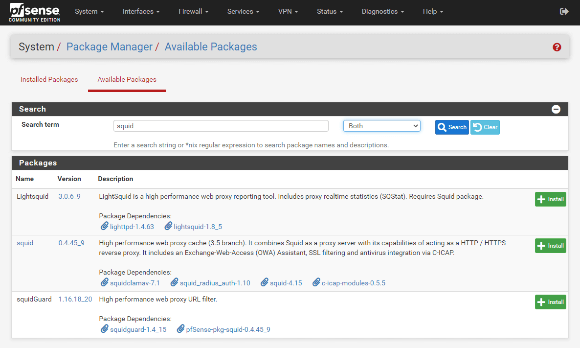 Search and install squid package