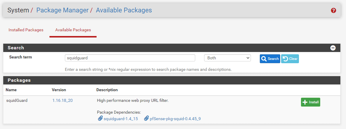 Search and install squidguard package