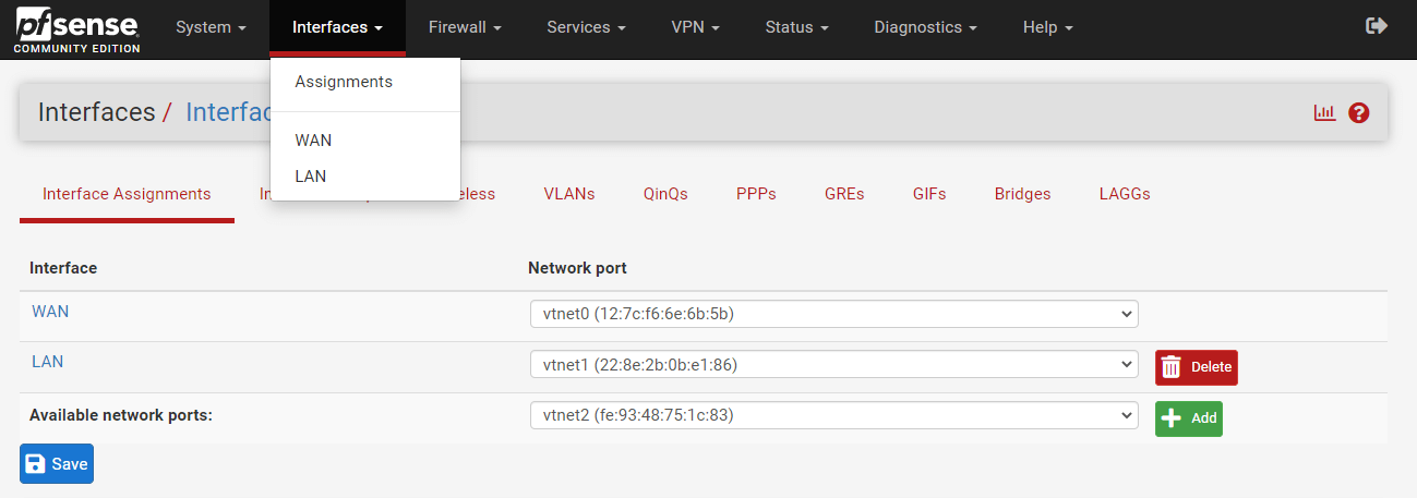 Interface assignment on pfSense