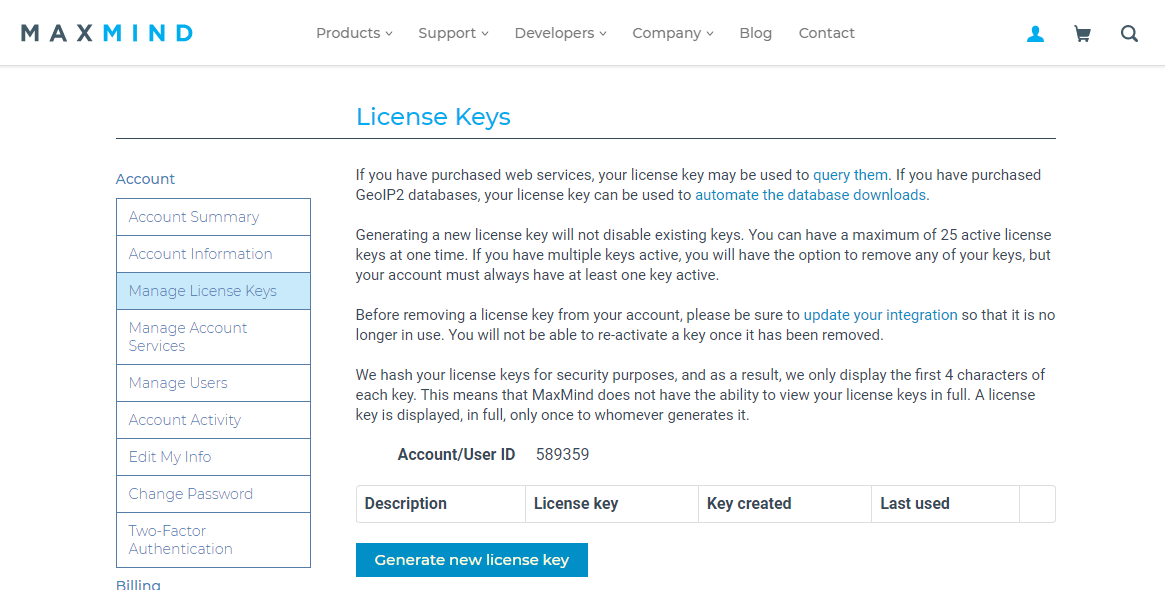 MaxMind Managing license keys