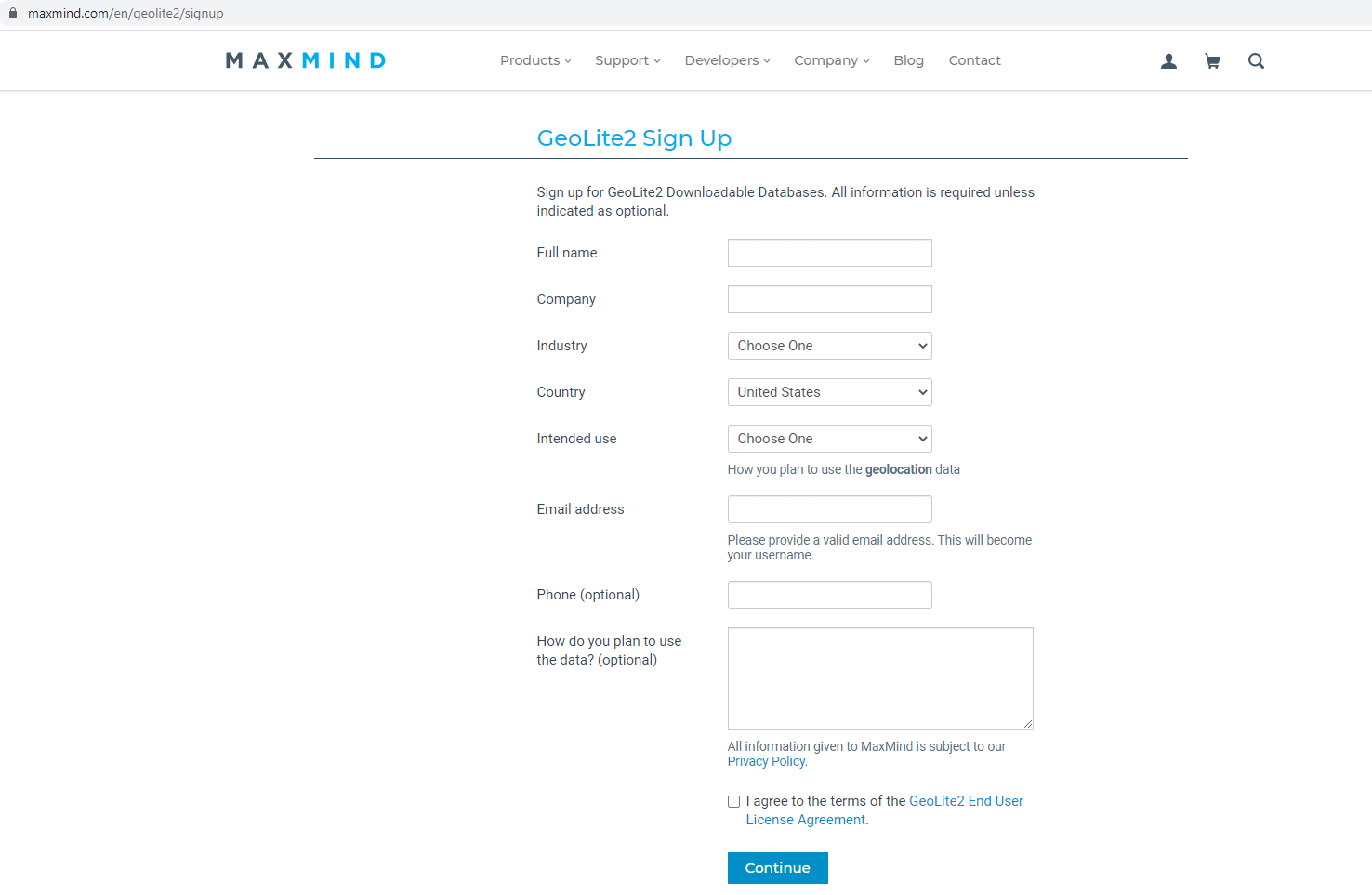 MaxMind GeoLite2 Sign Up page