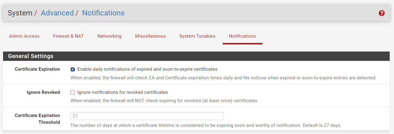 General Settings for Notifications on pfsense