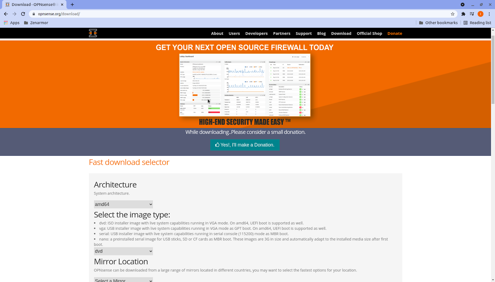OPNsense download  page
