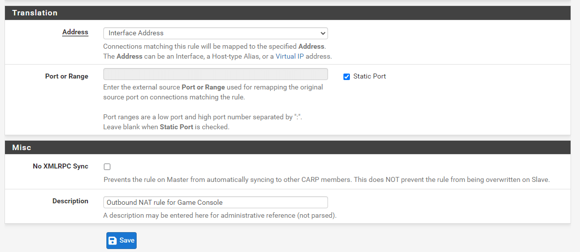 Outbound NAT Rule Configuration for Game Console