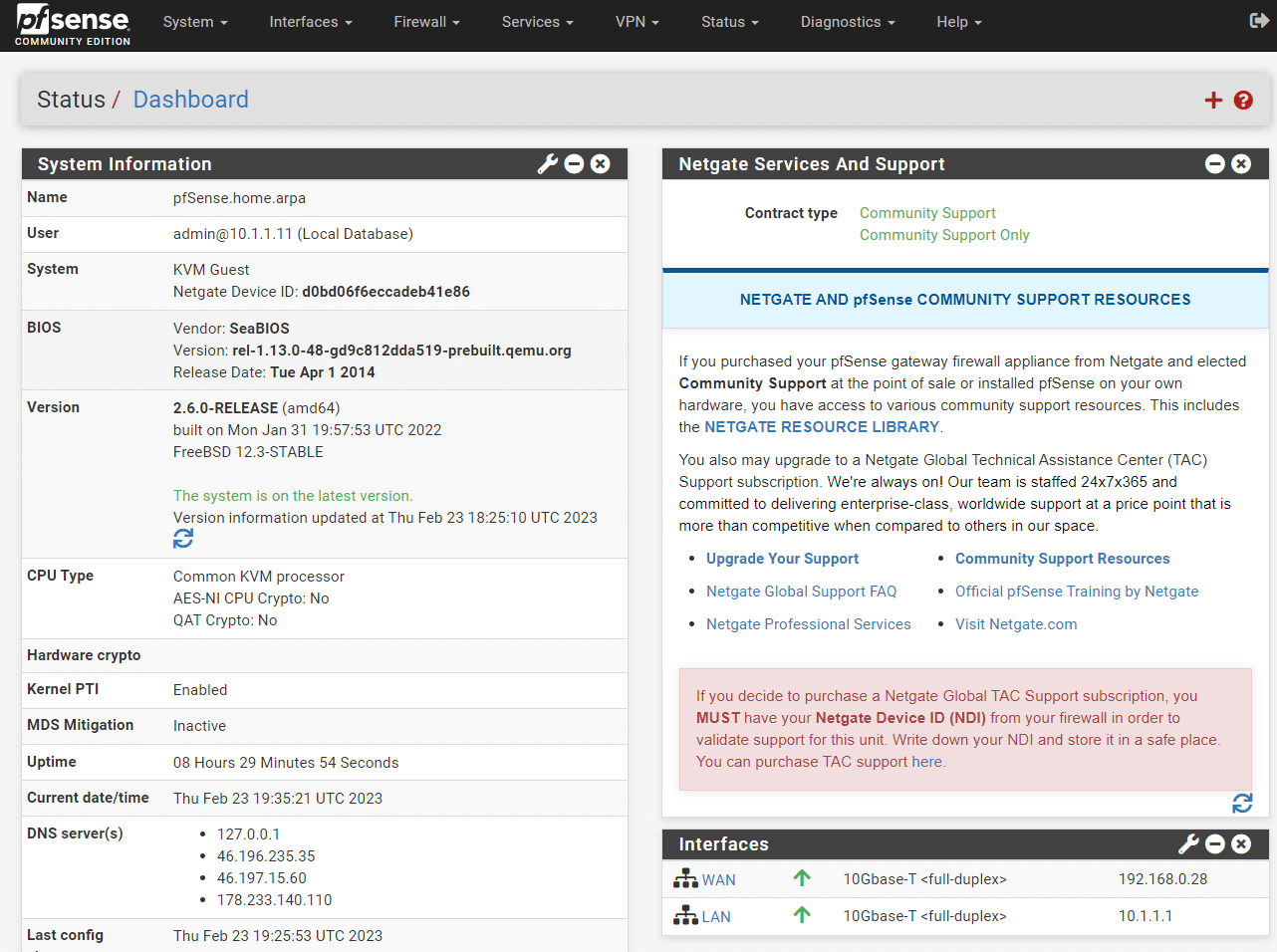 pfSense Web GUI Dashboard