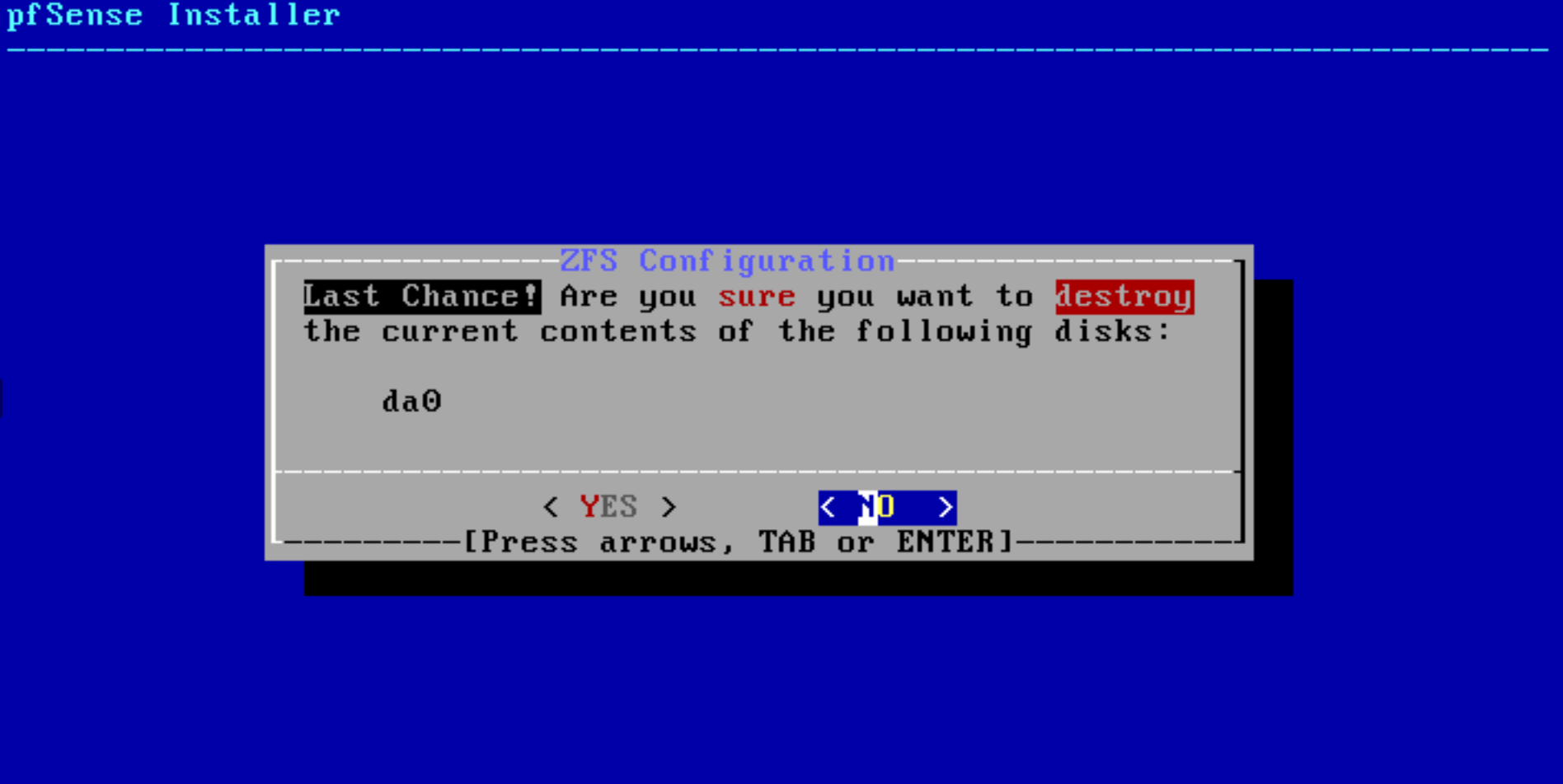 Confirming hard disk destroy for pfsense installation