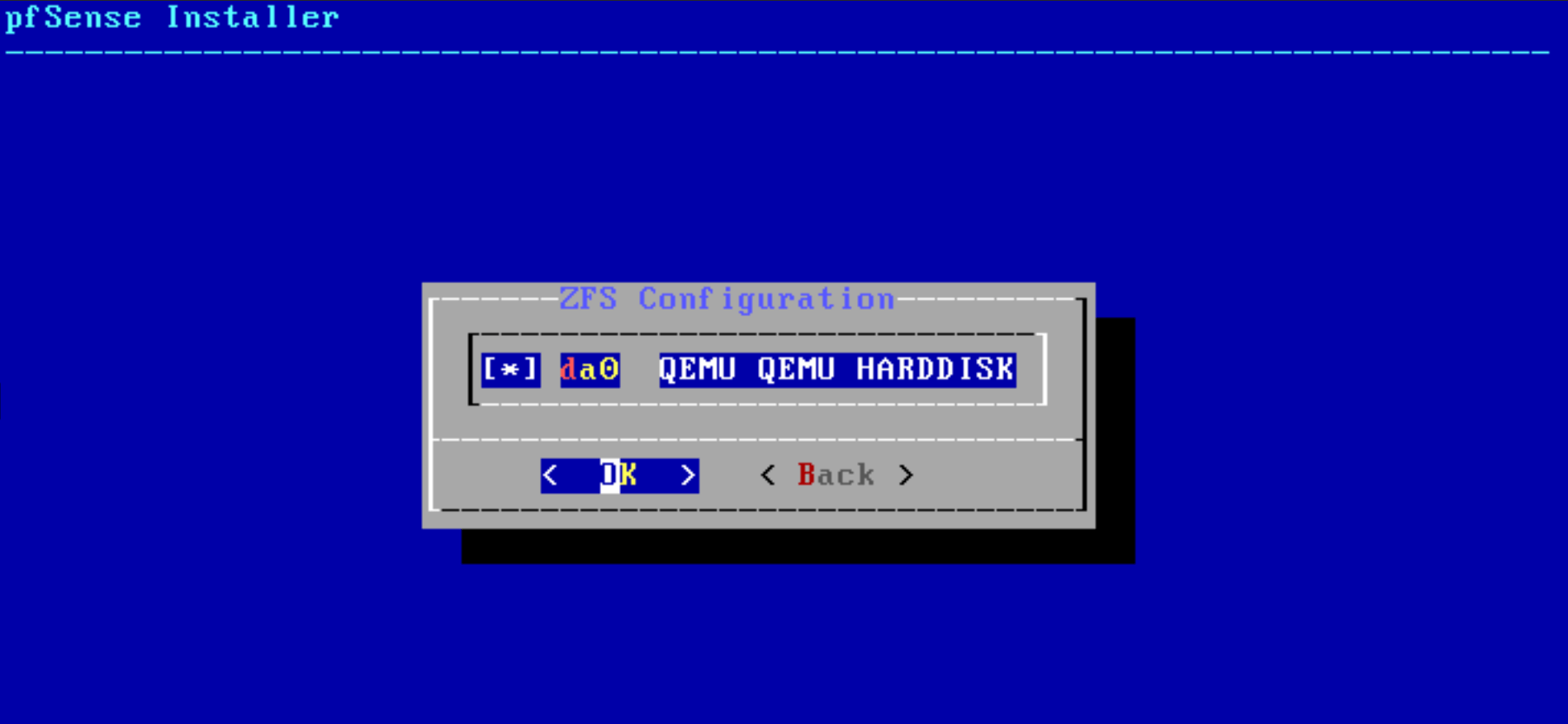 pfSense software installation Harddisk selection menu