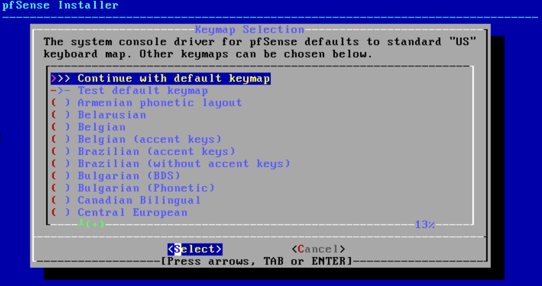 pfSense software installation Keymap Selection menu