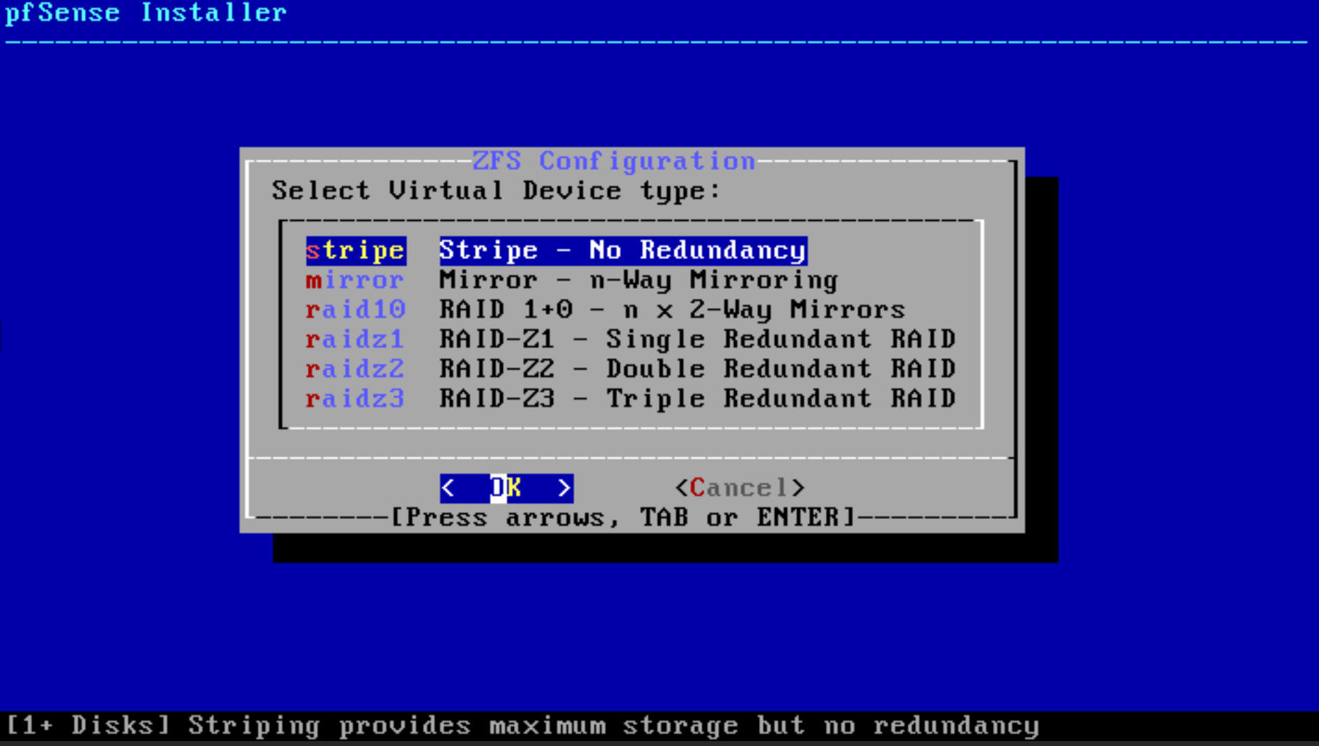 pfSense software installation Virtual Device Type menu