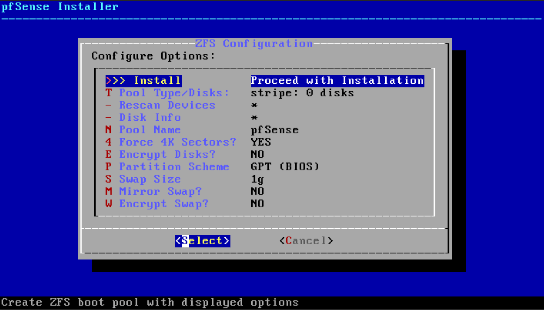 pfSense software installation ZFS Configuration menu
