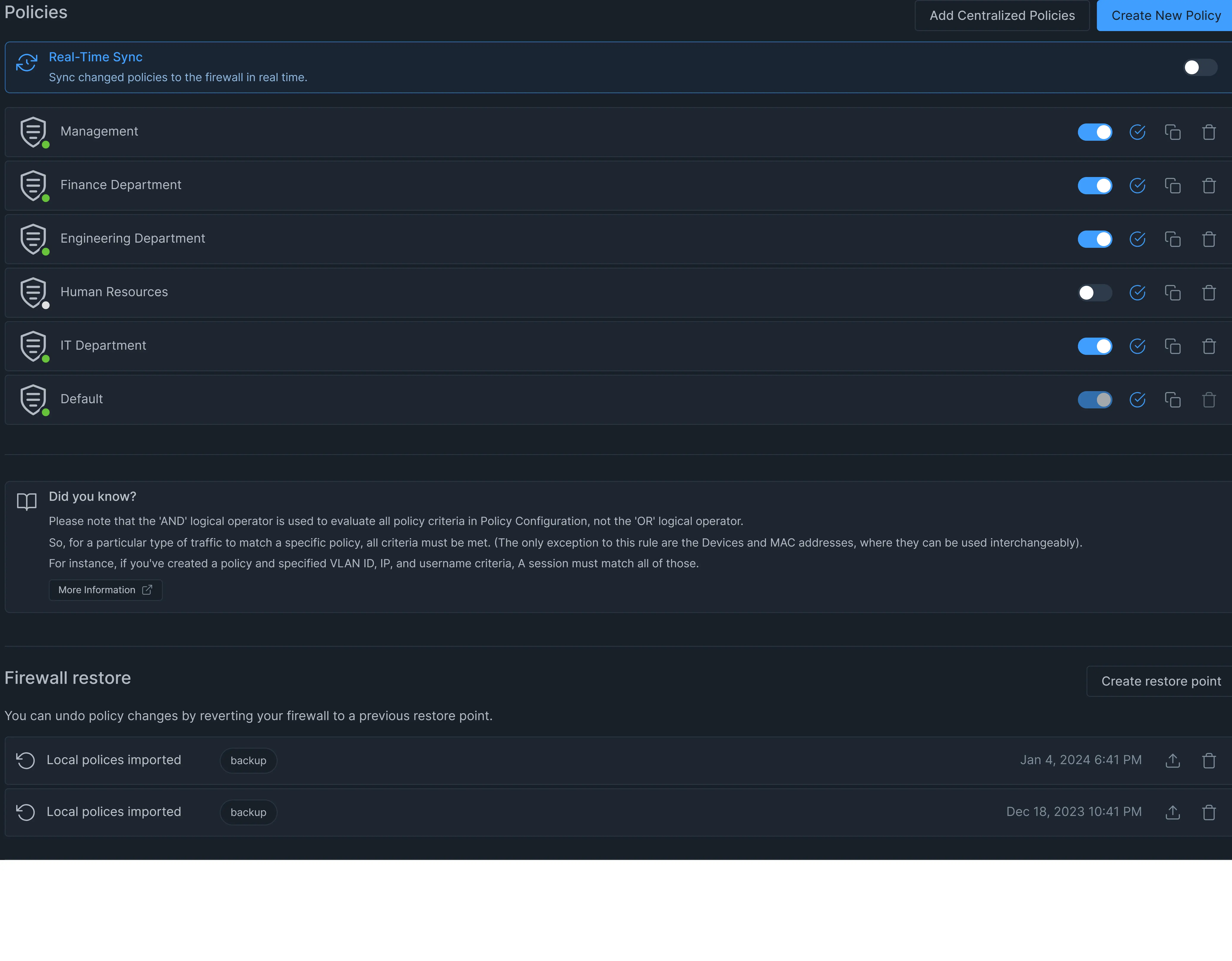 Policies list view