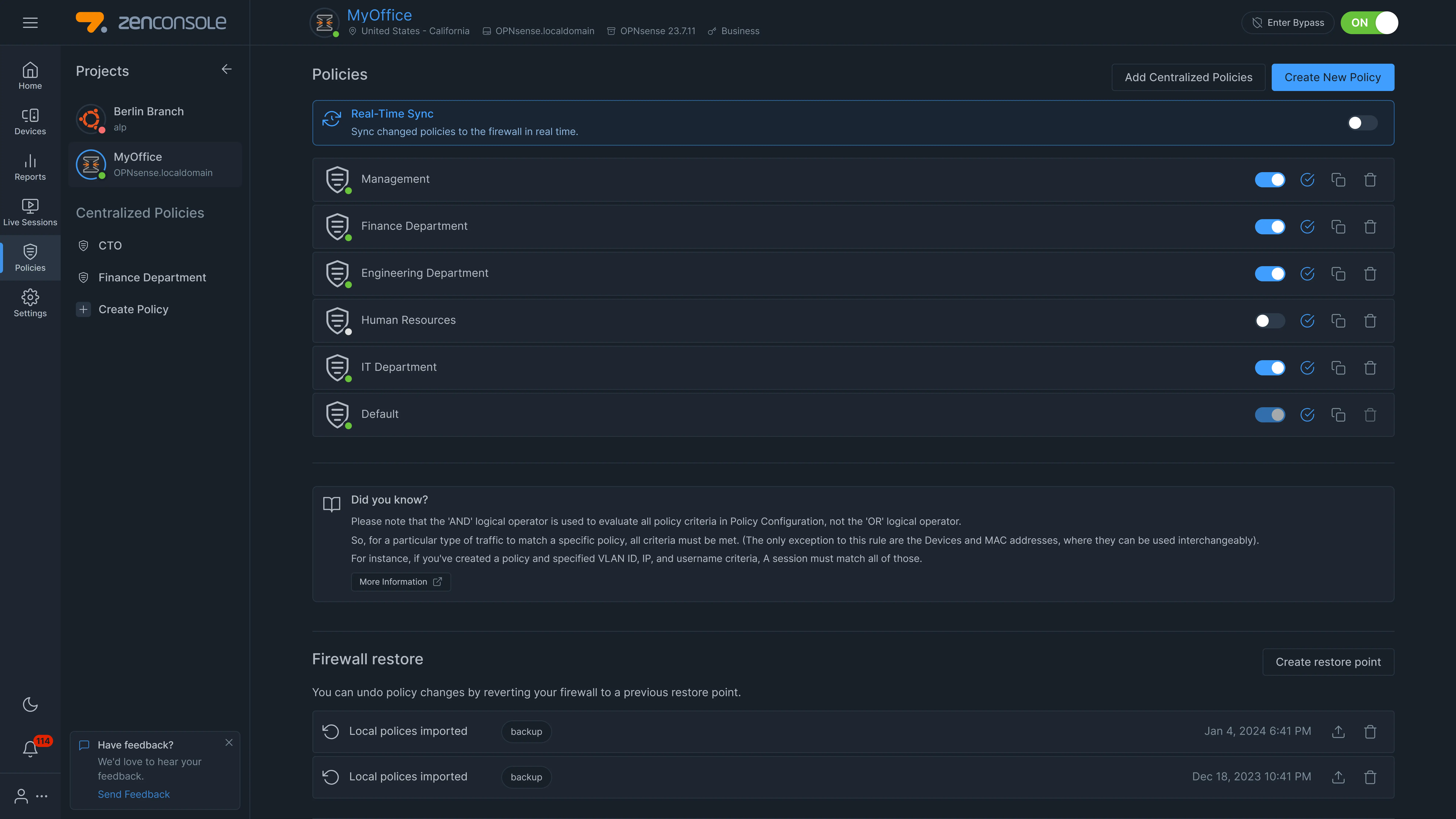 Policies page of a node