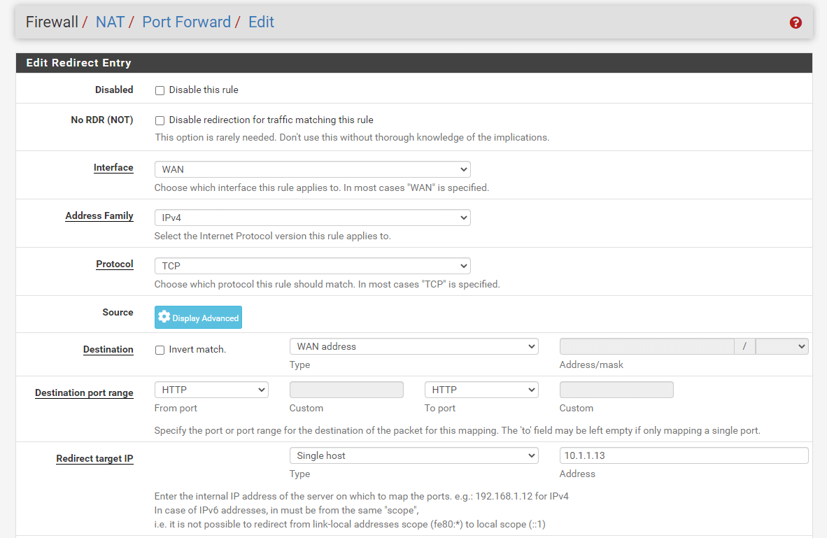  Port forwarding rule configuration for HTTP in pfSense-1