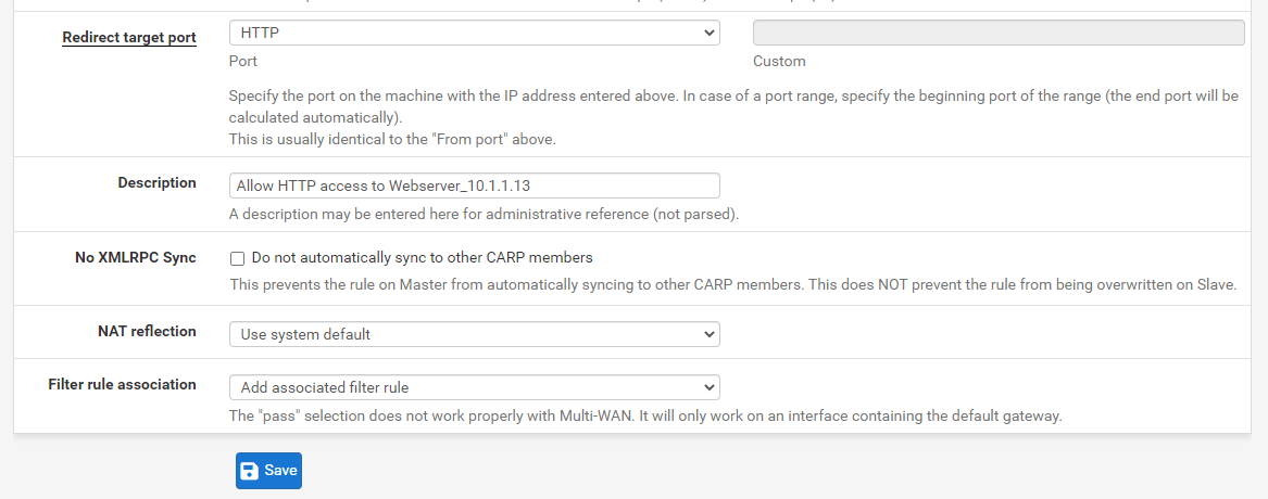 Port forwarding rule configuration for HTTP in pfSense-2