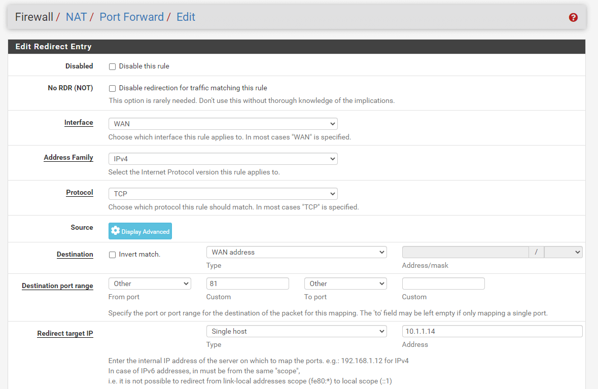 Port forwarding rule configuration for HTTP(81) on pfSense-1