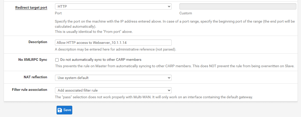 Port forwarding rule configuration for HTTP(81) on pfSense-2