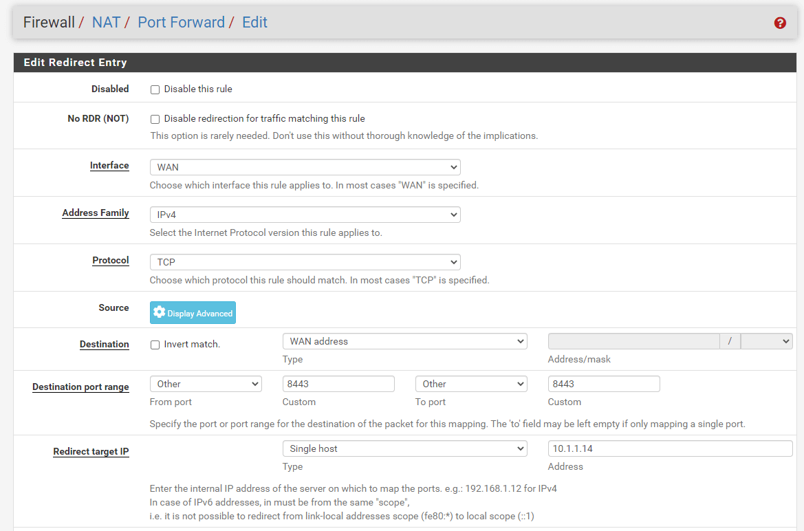 Port forwarding rule configuration for HTTPS(8443) on pfSense-1